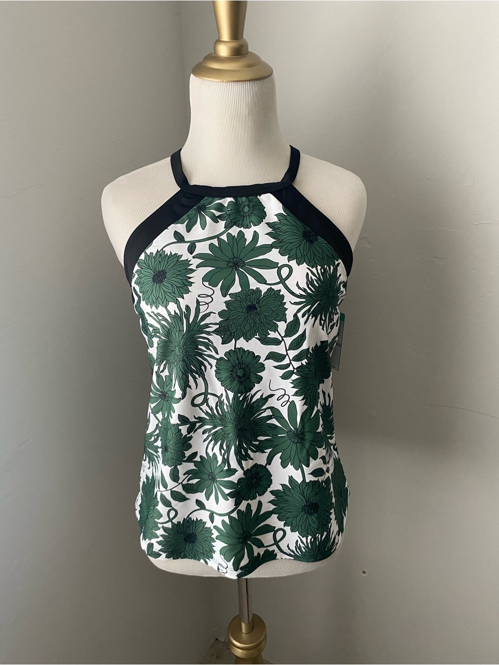 Green Floral Halter Camisole with Contrast Trim - Women's Bathing Suit